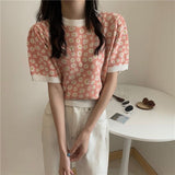 Flytonn-back to school outfits Puff Sleeve Daisy Pattern O-Neck Knitted Shirt-spring outfits