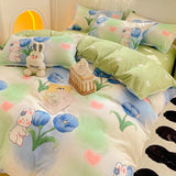 Flytonn-2025 Spring Bedding Set Flowers Rabbit Bedding Set Ins No Filler Single Queen Size Duvet Cover Flat Sheet Pillowcase Girls Boys New Comforter Duvet