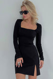 Flytonn-nye outfits French Style Square Neck Long Sleeve Split Bodycon Party Mini Dress - Black