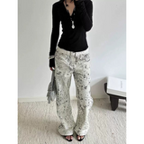 Flytonn-2024 Autumn Women's Casual Print Gothic Jeans Vintage Aesthetic Emo Loose Washed Pants Y2K Wide Leg Punk Baggy Denim Trouser