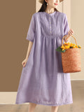 FLYTONN- Women Summer Casual Solid Shirred Button Linen Dress HH019