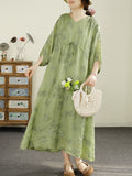 FLYTONN- Women Summer Floral Embroidery Strap V-Neck Ramie Dress HH045