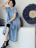 FLYTONN- Plus Size Women Summer Casual Solid Blue Denim Dress HH030