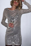 Flytonn-nye outfits Sparkly Round Neck Long Sleeve Bodycon Sequin Party Mini Dress - Silver