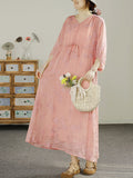 FLYTONN- Women Summer Floral Embroidery Strap V-Neck Ramie Dress HH045