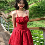 Flytonn-y2k outfits Sweet Spicy Girl Lace Printed Red Suspended Dress for Women Summer Bow Knot with Open Back Strap Slimming A-line Short Dress