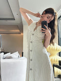 Flytonn-y2k outfits Leisure Lazy Style Stripe V-neck Sleeveless Dresses for Women Spring/Summer New French Gentle and Elegant Slimming Long Dress