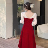 Flytonn-y2k outfits Toast Bridal Wine Red Winter Wedding Dresses for Women Autumn/Winter Luxury Spliced Waist Slimming A-line Long Evening Dress