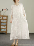 FLYTONN- Women Summer Floral Embroidery Strap V-Neck Ramie Dress HH045