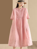 FLYTONN- Women Summer Casual Solid Shirred Button Linen Dress HH019