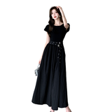 Flytonn-y2k outfits Summer New Korean Fashion Short Sleeve Black Dress for Women French Elegant Commuting Waist Belt Slimming A-line Long Dress