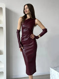 Flytonn Spring Fashion PU Leather Dress Women's With Gloves Slim Backless Irregular Elegant Party Long Dress Female Ruched Dress