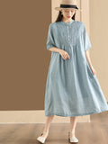 FLYTONN- Women Summer Casual Solid Shirred Button Linen Dress HH019