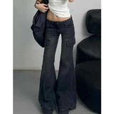 Flytonn-Black Womens Jeans High Waist Vintage Straight Winter Denim Pants Street Multiple Pockets American Wide Leg Baggy Denim Trouser