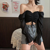 Spring Outfits Back To School Outfits Flytonn Sexy Slash Neck Shirts Women Korean Black Cropped Pleated Puff Long Sleeve Blouses Summer White Off Shoulder Crop Tops New