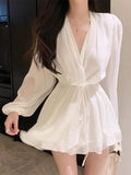 Flytonn-y2k outfits French Romantic Tulle V-neck Waist Sliming Long Sleeve Dress Summer Temperament Gentle Style Waist Tie up Short Dress for Women