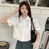 Spring Outfits Back To School Outfits Flytonn Y2K Puff Short Sleeve Blouse Women Asymmetrical Belt Chic Slim Shirts Student Summer Korean Irregular White Crop Tops New