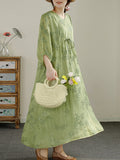 FLYTONN- Women Summer Floral Embroidery Strap V-Neck Ramie Dress HH045