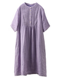 FLYTONN- Women Summer Casual Solid Shirred Button Linen Dress HH019