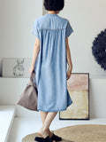 FLYTONN- Plus Size Women Summer Casual Solid Blue Denim Dress HH030