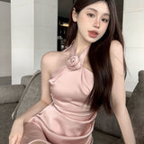 Flytonn-y2k outfits Spicy Girl Off Shoulder Hanging Neck Pink Sexy Dress for Women Summer High Grade Rose Blossom Waist Slimming A-line Short Dress