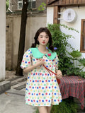 Flytonn-y2k outfits Doll Neck Polka Dot Sweet Dress Summer New Academy Style 3D Flower Design Loose Short Sleeve A-line Short Dresses for Women