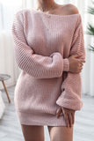 Flytonn-nye outfits Cozy Winter Boat Neck Long Sleeve Textured Sweater Mini Dress - Pink