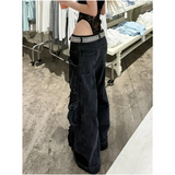 Flytonn-Women's Casual Grunge Y2K Street Washed Denim Trouser American Retro High Waist Pockets Jeans Solid Color Hip-hop Baggy Pants