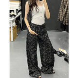 Flytonn-Vintage High Waist Women Black Jeans Printing Fashion Streetwear Wide Leg Jean Female Denim Trouser Straight Baggy Denim Pants