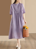 FLYTONN- Women Summer Casual Solid Shirred Button Linen Dress HH019