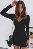 Flytonn-nye outfits Cozy Long Sleeve V Neck Ruched Bodycon Mini Dress - Black-back to school outfits Christmas  Outfits Thanksgiving Gift New Year's Eve