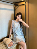 Flytonn-y2k outfits Summer New Fashion Splicing Lace Small Fragrant Style Stripe Dress High end Sleeveless Doll Neck Slim Short Dress for Women