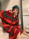 Flytonn-y2k outfits Christmas Colorful Striped Knitted Sweater Dress for Women Autumn/Winter New Lazy Style Round Neck Loose Casual Maxi Dresses