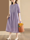 FLYTONN- Women Summer Casual Solid Shirred Button Linen Dress HH019