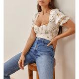 Flytonn-BACK TO SCHOOL OUTFIT Summer Tops For Women 2025 Sweetheart Neck Tie Bow Fruit Print Blouses Back Smocked Short Puff Sleeve Elegant Chiffon Blouse