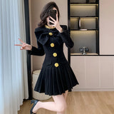 Flytonn-y2k outfits Autumn/Winter New High end Light Luxury Short Pleated Dress Light Mature Style Big Bow Short Checkered Woolen Dress for Women