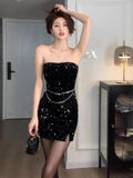 Flytonn-y2k outfits Spicy Girl Black Sequin Strapless Dress for Women Spring and Autumn New Tight  Fashion Short Wrap Hip Slimmimng Sexy Dresses