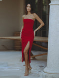 Flytonn Red Stapless High Slit Dress For Women Pockets Sleeveless Sexy Long Dress Slim High Waist Evening Party Dress Elegant