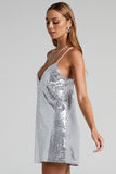 Flytonn-nye outfits Sparkly V Neck Spaghetti Strap A Line Sequin Party Mini Dress - Silver