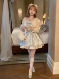 Flytonn-y2k outfits Blue Sparkle Butterfly Retro French Bow Princess Dress Autumn New Cute Puff Skirt Floral Super Fairy Sweet Mini Dress for Women