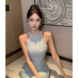 Flytonn-y2k outfits Summer New Elegant Blue Hanging Neck Pearl Sleeveless Off Shoulder Sexy Dress Spicy Girl Wrap Hip Slimming Long Dress for Women