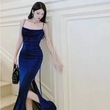 Flytonn-y2k outfits Blue Evening Dresses for Women New High end and Sexy French Style Formal Occasions Slimming Split Strap Camisole Maxi Dress