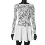 Flytonn Lace Splice Folds Short Dress For Women Fashion O neck Long Sleeve Casual Dress See Through Sexy Dress Ladies Spring New