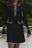 Flytonn-nye outfits Preppy Chic Contrast Collar Button Up Long Sleeve Ribbed Knit Sweater Mini Dress - Black