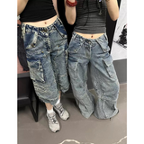 Flytonn-Blue Womens Jeans High Waist Vintage Straight Baggy Denim Pants Streetwear American Design Sense Fashion Wide Leg Denim Trouser