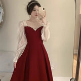 Flytonn-y2k outfits Toast Bridal Wine Red Winter Wedding Dresses for Women Autumn/Winter Luxury Spliced Waist Slimming A-line Long Evening Dress