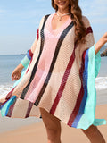 Flytonn-Winter Outfits Christmas Thanksgiving Gift New Year's Eve Outwear Batwing Sleeves Loose Hollow Striped Sun Protection V-Neck Beach Cover-Up