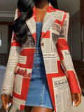 Flytonn-Winter Outfits Christmas Thanksgiving Gift New Year's Eve Outwear Long Sleeves Loose Buttoned Newspaper Print Pockets Split-Joint Notched Collar Blazer Outerwear