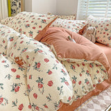 Flytonn-2025 Spring Bedding Set Cute Strawberry Duvet Cover Set Floral Style with Flat Sheet Pillowcase No filler Queen Double Girls Boys Home Decor Bed Linens