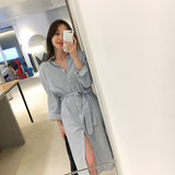 Flytonn-BACK TO SCHOOL OUTFIT Korean Style Striped Shirt Dress With Belt Women Autumn Dress Casual Long Sleeve Turn-Down Collar Knee Length Midi Dress Jurken